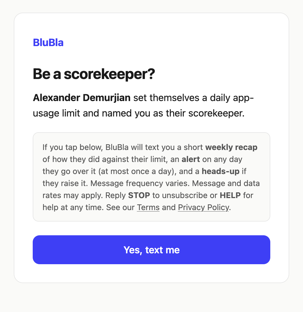 The confirm.blubla.app web page showing the inviter's name, the SMS disclosures, and a 'Yes, text me' opt-in button